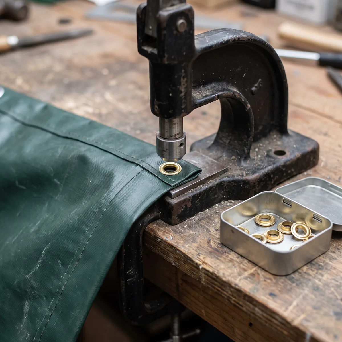 Brass eyelets going in on the press