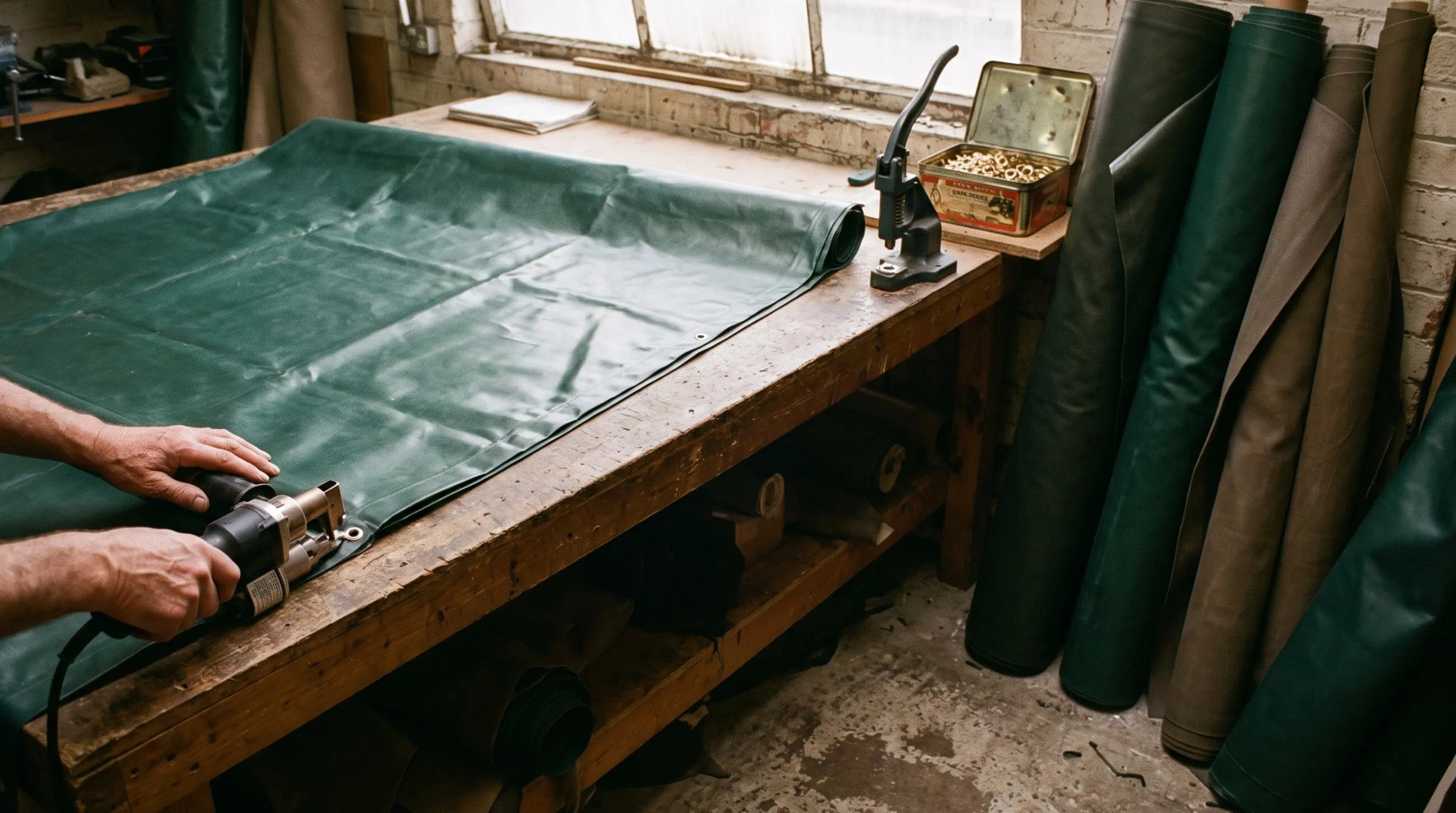 A cover being stitched in the workshop