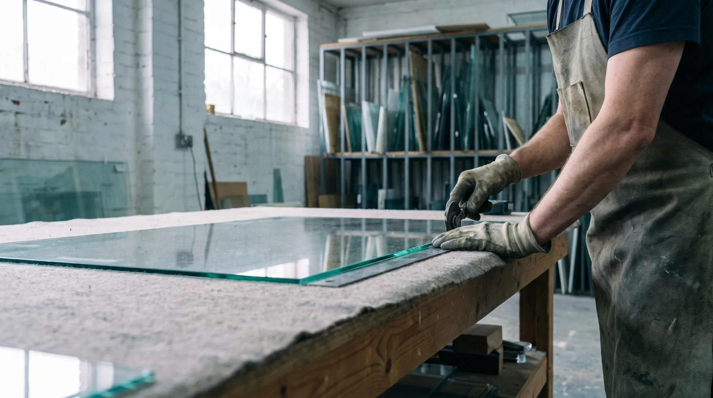 Glass being cut in the works