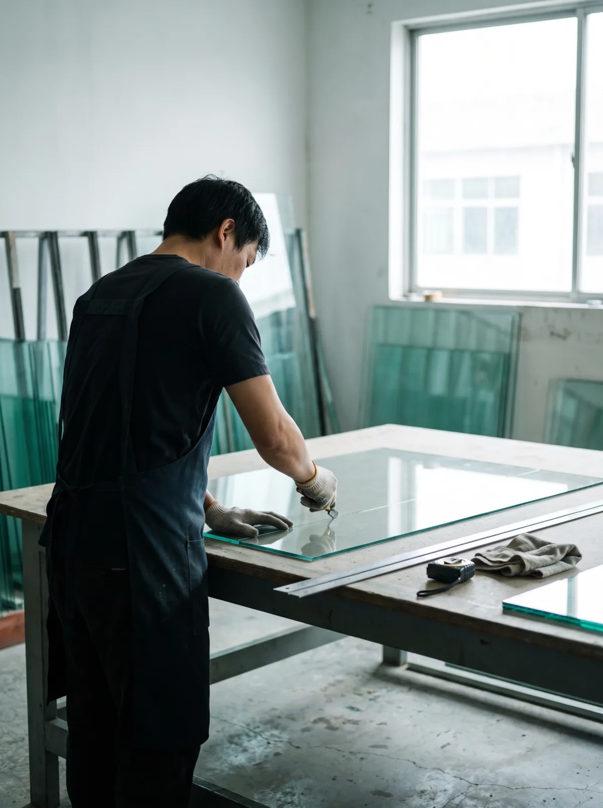 Scoring a pane on the cutting table