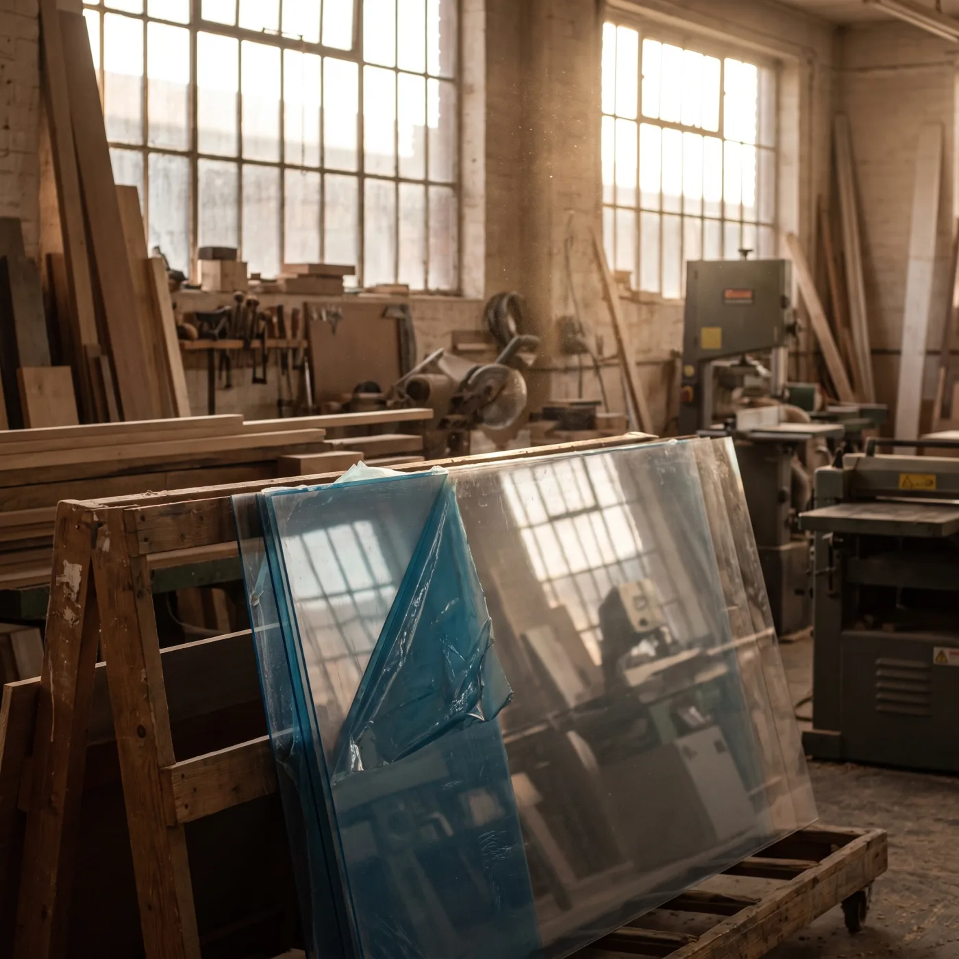 Acrylic sheets with the film half peeled back