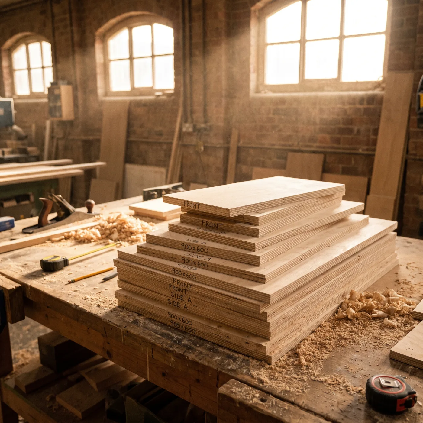 Cut panels stacked and labelled for collection