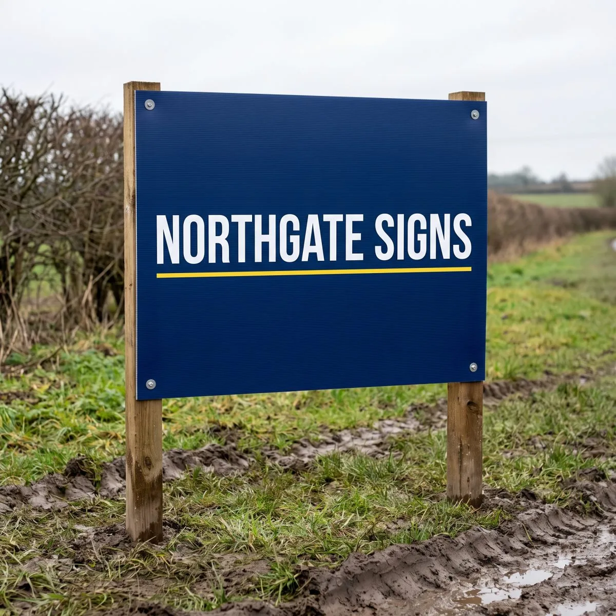 Correx site board on posts at the edge of a field
